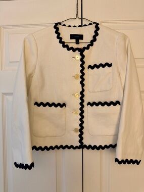 J. Crew White Cropped Jacket with Navy Blue Ric Rac